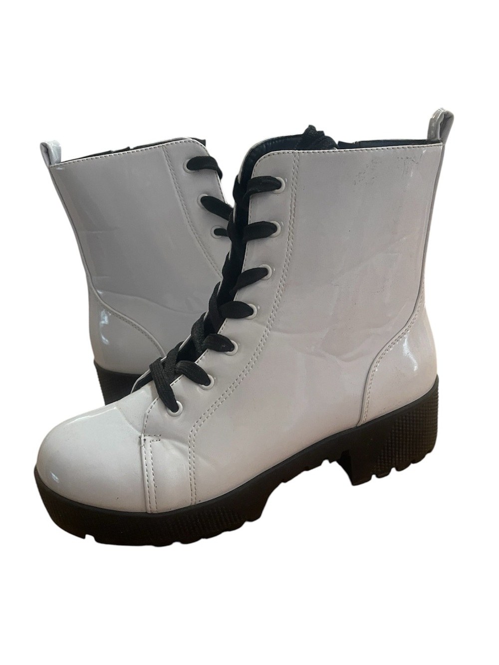White Patent Lace-Up Combat Boots with side zip